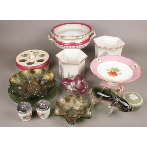 96 - A group lot of mostly ceramics. Including Royal Winton planters, carnival glass, pedestal bowl, etc.