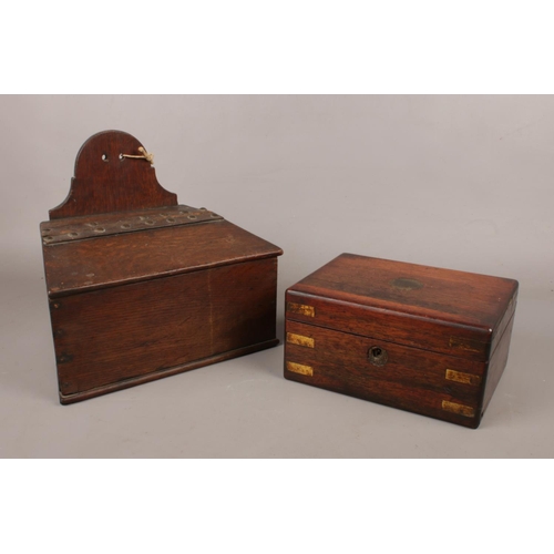 112 - A Victorian rosewood jewellery box, along with an oak candle box.