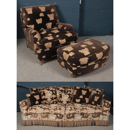 598 - A Duresta 3 seat sofa with matching armchair and footstool with black and gilt neoclassical upholste... 