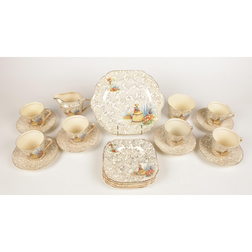 232 - An Empire (Crinoline lady) tea set. Comprising of six cups and saucers, six side plates, sugar & cre... 