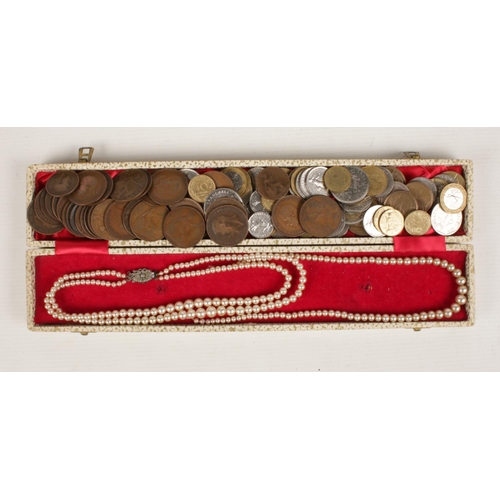 234 - A collection of British pre decimal and world coins. Includes silver clasp pearl necklace.