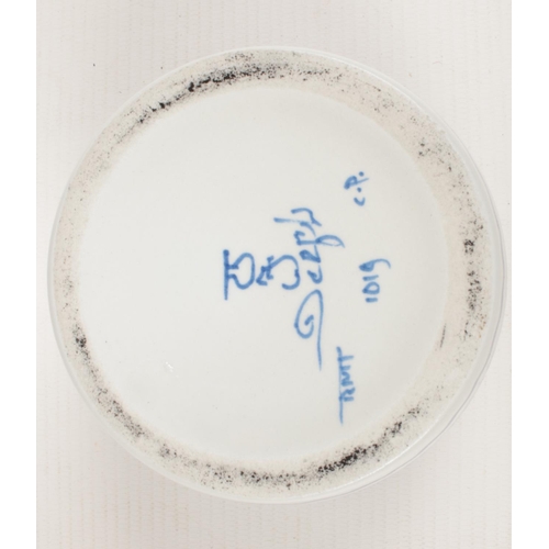 241 - A Delft blue & white ginger jar with lid, displayed on a a carved wooden plinth. 
H: 8cm.