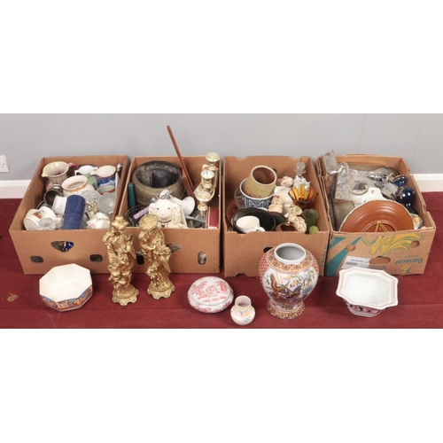 362 - Four boxes of miscellaneous. Including two large gilt figures, glassware, Nao figure, Poole, Rocking... 