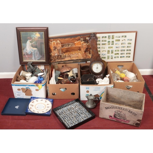363 - Four boxes of miscellaneous. Including Whitefriars carafe, Crown Devon charger, framed pictures, Moo... 