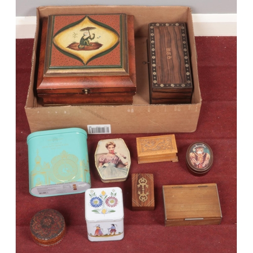364 - A box of vintage boxes and tins. Including inlaid examples, etc.