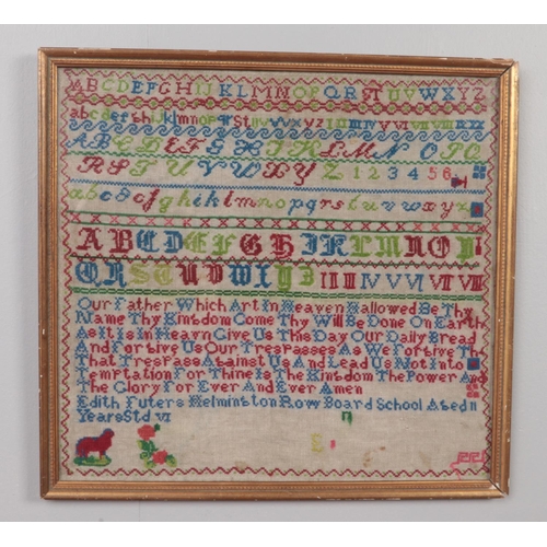 370 - A Victorian framed sampler. By Edith Futers, Helmington Row Board School, aged 11.