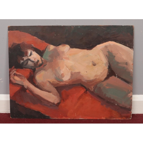 371 - An oil on board, reclining nude female.