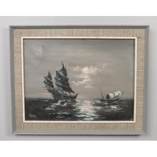 373 - A framed oil on canvas, seascape with boats. Signed Hune.