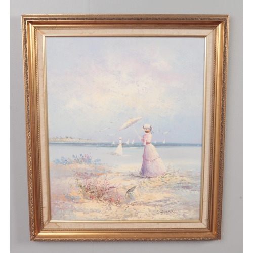 379 - J.Miller, Gilt framed oil on canvas, beach scene with two figures. (60cm x 50cm)