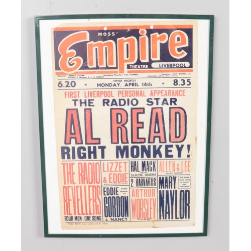 382 - A framed original promotional poster for the Empire Theatre Liverpool, naming Al Read. H: 38cm, W: 2... 