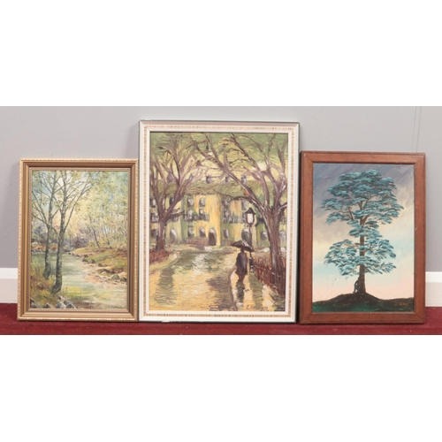 391 - Three framed oil paintings - comprising of 'Trees by the River' signed by Anne Holmes of Cornwall, a... 
