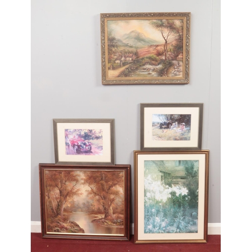 393 - A selection of five paintings and prints. Comprising of an oil on canvas rural scene signed (I Cafie... 