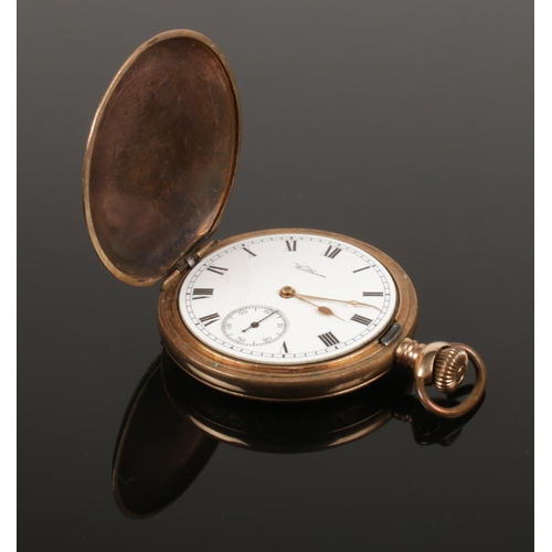 410 - A Waltham gold plated pocket watch. With stag decoration to back of case.
