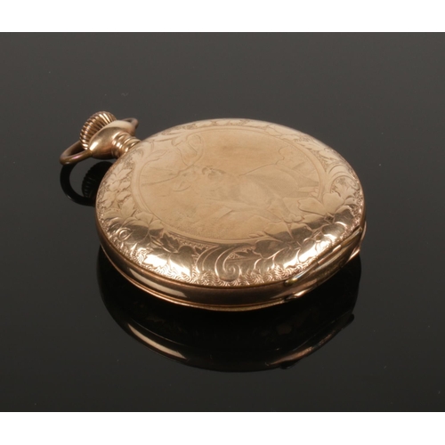 410 - A Waltham gold plated pocket watch. With stag decoration to back of case.