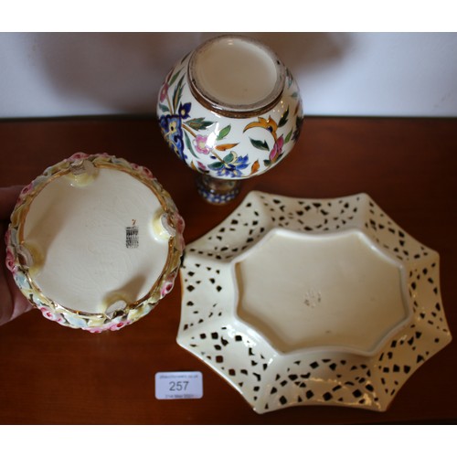 257 - A Zsolnay pierced ceramic pink & yellow floral basket along with a similar pierced border blue groun... 
