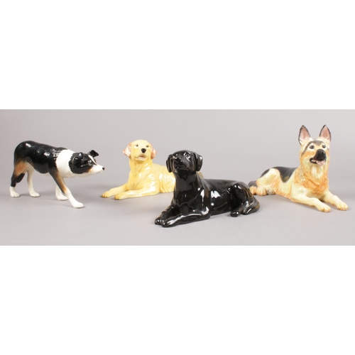 438 - A group of Beswick dog figures. Border Collie, German Shepherd Lying, Black Labrador lying, Golden R... 