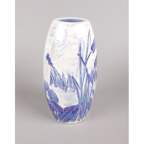 453 - An Anita Harris Blue and White Lustre 'Dragonfly' Vase, gold signed, 17.5cm high.