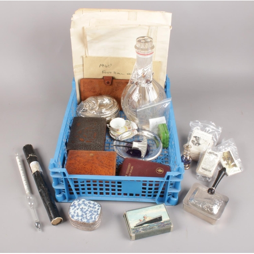 66 - A box of collectables. Includes Army Club cigarette cards, Hydrometer, four chamber decanter etc.