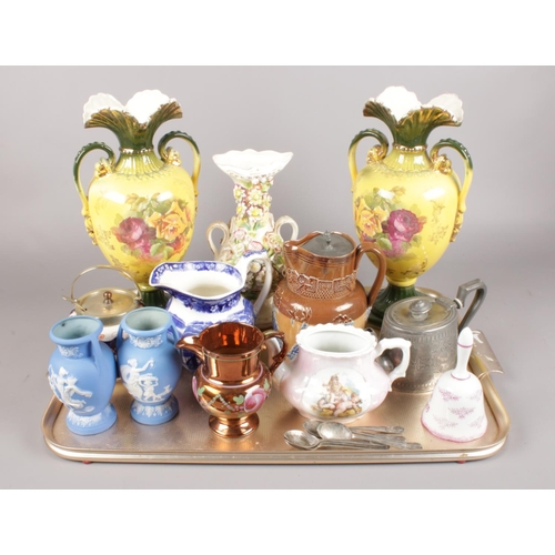 70 - A tray of mostly ceramics. Includes Doulton Lambeth jug, continental vase with applied floral decora... 