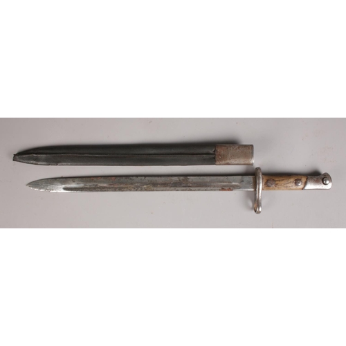 76 - An early 20th century bayonet with leather scabbard. (Blade Length 37cm).