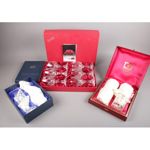 516 - Three boxed sets of crystal drinking glasses. Includes Edinburgh, Bohemia and Schott.