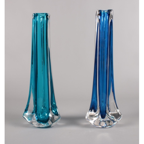 475 - Two Whitefriars three sided vases. Baxter Royal blue & Kingfisher blue. (24cm height)