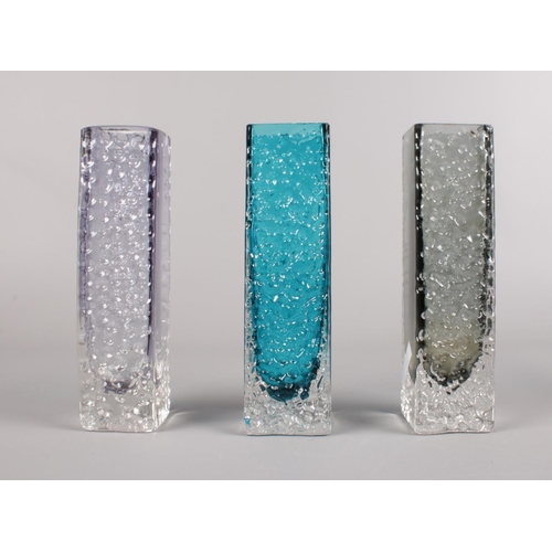 477 - Three White friars vases. Geoffrey Baxter Nailhead pattern, Kingfisher Blue, Smokey Grey, onyx. (17c... 