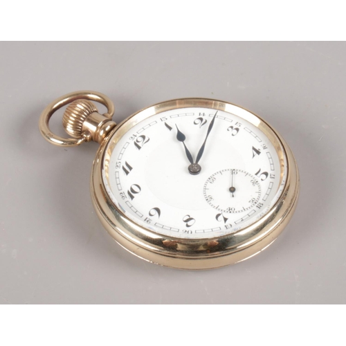 577 - A gold plated pocket watch. Arabic numeral markers and subsidiary seconds.