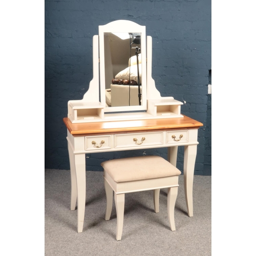 389 - A Pine top, part painted dressing table with stool. (96cm width, 77cm height, 46cm depth)