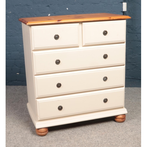 396 - A part painted Pine top 2 over 3 chest of drawers. (86cm height, 73cm width, 44cm depth)