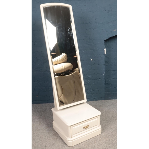 400 - A modern painted cheval mirror with drawer bottom. H: 161cm, W:47cm, D:47cm.