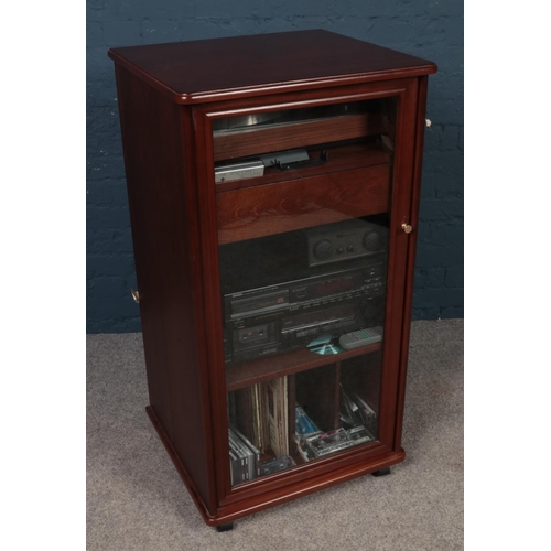 405 - A Mahogany HiFi glass fronted cabinet with contents - to include a Denon DR-M12HX cassette deck, Den... 