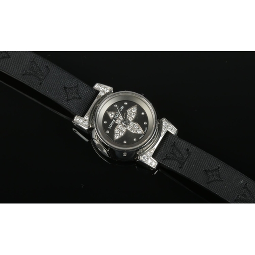 606 - A boxed Louis Vuitton Tambour stainless steel wristwatch set with diamonds.