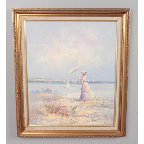 159 - J.Miller, Gilt framed oil on canvas, beach scene with two figures. (60cm x 50cm)