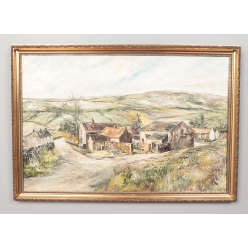 145 - Barbara C Shaw, a large gilt frame oil on board, rural landscape scene. Titled Road To Malham to bac... 