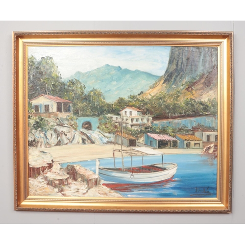 146 - A large gilt frame Continental oil on board, cove scene with boat and huts. Signed Delin or Dalia. (... 