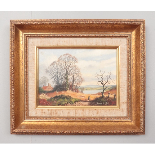 153 - Vincent Selby, gilt frame oil on canvas, rural scene with a figure and dog. (14cm x 19cm).