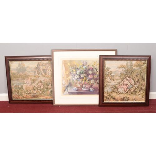 156 - Two framed tapestries, along with a framed print.