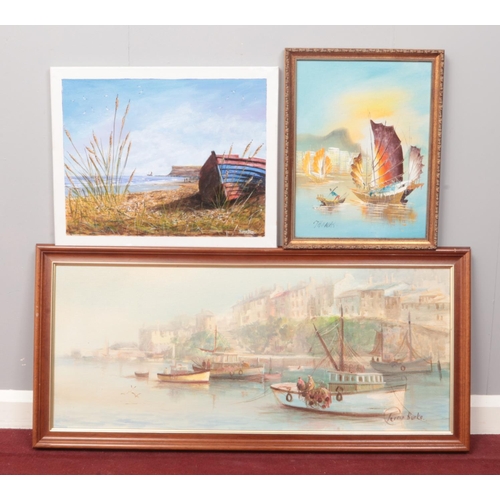 166 - Three pictures of seascapes - to include a signed Terry Burke oil on canvas of a Harbour scene, a Ro... 