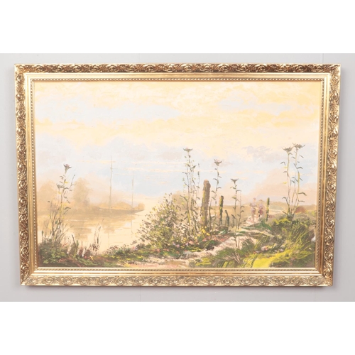 167 - An framed oil on canvas of a landscape. Signature is indistinguishable. H:60cm, W:90cm.