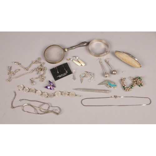 272 - A box of white metal and silver items. Includes silver bangle, silver handled spyglass, silver penci... 