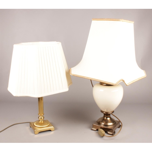 377 - Two table lamps. One crackle glaze effect, the other a brass column example.