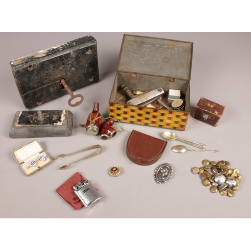 441 - A group of collectables. Rolstar lighter, sugar tongs, vintage leather coin wallet, Pioneer clock pi... 