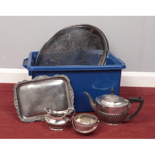 442 - A box of silver plate. serving tray, teapot, cream jug examples etc.