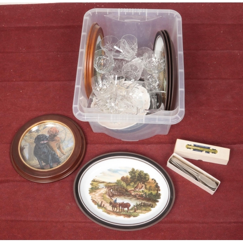 443 - A box of miscellaneous. Includes Hornsea Contrast, crystal drinking glasses, Franklin Mint, stainles... 