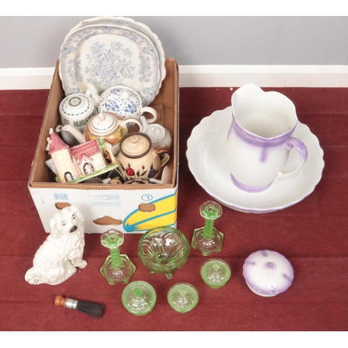 447 - A box of miscellaneous. Includes New Hall Potter wash set, uranium glass, decorative teapots, Brushw... 