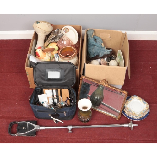 453 - Two boxes of miscellaneous. Includes costume jewellery, Kingston pottery, mirror, shooting stick etc... 