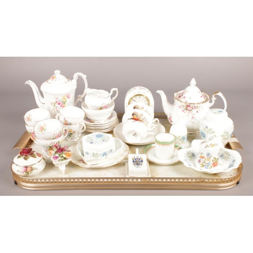 116 - A tray of bone china. Includes Paragon coffee set, Royal Albert, Wedgwood etc.