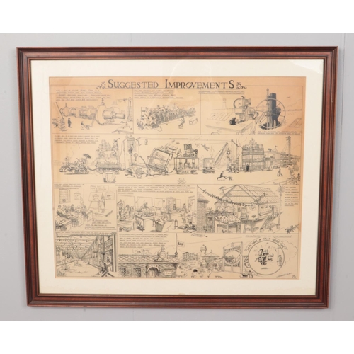 169 - A framed drawing room cartoon. Mentions Shardlows, Meadow Hall, Sheffield, Fords, Dagenham etc. sign... 