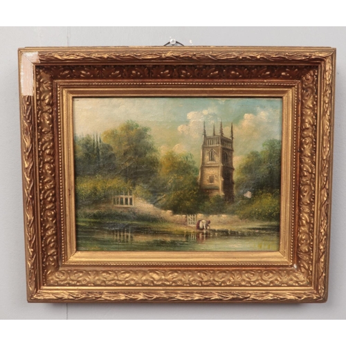 177 - A Mid 19th century gilt framed oil on canvas. Rural landscape & church with figure to foreground, un... 